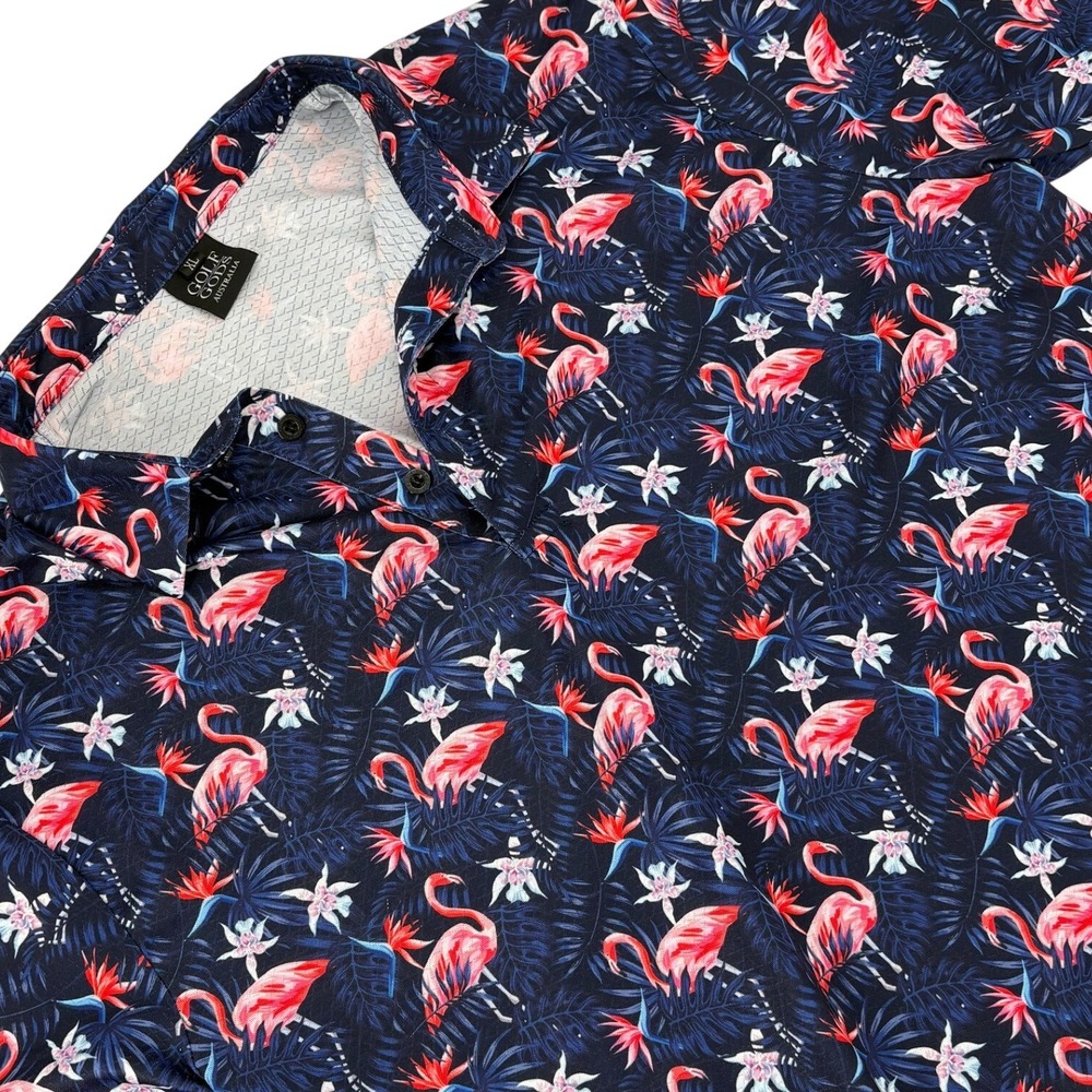 Golf Gods‎ Australia Flamingo Floral Golf Polo Shirt XL Navy Pink Mens